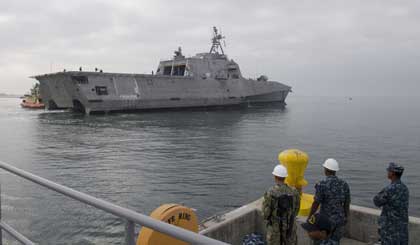 SAN DIEGO (Jan. 19, 2018) The littoral combat ship the future USS Omaha (LCS 12) arrives at its new homeport, Naval Base San Diego. Omaha will be commissioned in San Diego next month and is the sixth ship in the LCS Independence-variant class. US Navy photo by MC3 Molly DiServio.