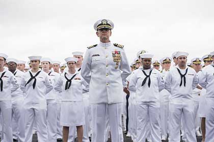 SAN DIEGO (Sept. 27, 2019) Sailors stand in formation during the U.S. 3rd Fleet change of command and retirement ceremony aboard the Nimitz-class aircraft carrier USS Theodore Roosevelt (CVN 71). Vice Adm. John D. Alexander retired after 37 years of honorable service, relinquishing command of U.S. 3rd Fleet to Vice Adm. Scott D. Conn. U.S. Navy photo by MC1 Raymond D. Diaz III.
