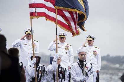 SAN DIEGO (Sept. 27, 2019) Chief of Naval Operations (CNO) Adm. Mike Gilday attends the U.S. 3rd Fleet change of command and retirement ceremony aboard the Nimitz-class aircraft carrier USS Theodore Roosevelt (CVN 71). Vice Adm. John D. Alexander retired after 37 years of honorable service, relinquishing command of U.S. 3rd Fleet to Vice Adm. Scott D. Conn. U.S. Navy photo by MC1 Raymond D. Diaz III.