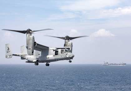 INDIAN OCEAN (Dec. 22, 2020) A U.S. Marine Corps MV-22B Osprey from the Makin Island Amphibious Ready Group, consisting of the amphibious assault ship USS Makin Island (LHD8), the amphibious transport dock ships USS Somerset (LPD 25) and USS San Diego (LPD 22), the embarked 15th Marine Expeditionary Unit and the expeditionary sea base USS Hershel “Woody” Williams (ESB 4) conducts maritime operations off the coast of Somalia in support of Operation Octave Quartz (OOQ). The OOQ mission is to reposition U.S. Department of Defense personnel from Somalia to other locations in East Africa. The OOQ mission is to reposition U.S. Department of Defense personnel from Somalia to other locations in East Africa. U.S. Navy photo by MC2 Michael J. Lieberknecht.