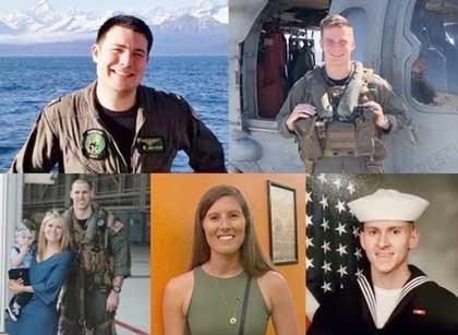 Photo collage of the five Sailors killed when an MH-60S Seahawk helicopter, assigned to Helicopter Sea Combat Squadron (HSC) 8, crashed approximately 60 nautical miles off the coast of San Diego, Aug. 31. Sailors shown are, top left, clockwise: Lt. Bradley A. Foster, 29, a pilot from Oakhurst, Calif.; Lt. Paul R. Fridley, 28, a pilot from Annandale, Va.; Hospital Corpsman 3rd Class Bailey J. Tucker, 21, from St. Louis; Hospital Corpsman 2nd Class Sarah F. Burns, 31, from Severna Park, Md.; Naval Air Crewman (Helicopter) 2nd Class James P. Buriak, 31, from Salem, Va. Navy photos