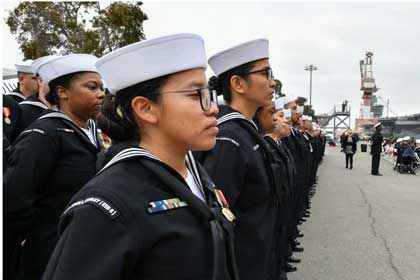 NAVAL BASE CORONADO (Feb. 17, 2024) - Sailors assigned to the expeditionary sea base USS John L. Canley (ESB 6) stand in formation during the ship's commissioning ceremony on Naval Base Coronado Feb. 17, 2024. The ship is named for Medal of Honor recipient John Lee Canley, a retired Marine Corps Sergeant Major and Vietnam war veteran. U.S. Navy photo by MC1 Claire M. DuBois