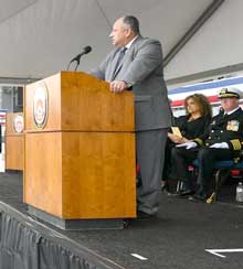 NAVAL BASE CORONADO (Feb. 17, 2024) - The honorable Carlos Del Toro, Secretary of the Navy, speaks during the commissioning ceremony for the expeditionary sea base USS John L. Canley (ESB 6) on Naval Base Coronado Feb. 17, 2024.