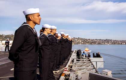 SAN DIEGO (Feb. 23, 2024) Sailors man the rails aboard the Nimitz-class aircraft carrier USS Carl Vinson (CVN 70) during a return to homeport at Naval Air Station North Island, Feb. 23, 2024, following a four-month deployment to the western Pacific. Carl Vinson, flagship of Carrier Strike Group (CSG) 1, deployed with Carrier Air Wing (CVW) 2, Destroyer Squadron (DESRON) 1 staff and the Ticonderoga-class guided-missile cruiser USS Princeton (CG 59). DESRON-1 ships included Arleigh Burke-class guided-missile destroyers USS Hopper (DDG 70), USS Kidd (DDG 100), USS Sterett (DDG 104) and USS William P. Lawrence (DDG 110). The Carl Vinson CSG is a multiplatform team of ships and aircraft, capable of carrying out a wide variety of missions around the globe from combat missions to humanitarian assistance and disaster relief response. Photo by Petty Officer 3rd Class Marissa Johnson