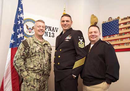 The Chief of Naval Personnel, Vice Adm. Rick Cheeseman, right, and the Navy’s Personnel Plans and Policy Division (N13) Director, Rear Adm. Jim Waters, present the new Robotics Warfare Specialist (RW) rating insignia, worn by Master Chief Robotics Warfare Specialist Christopher Rambert, at Naval Support Facility Arlington, Feb. 27, 2024. Photo by Jeanette M. Mullinax