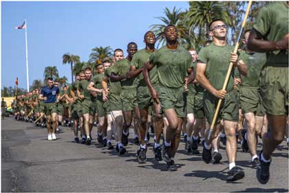U.S. Marines with Lima Company, 3rd Recruit Training Battalion, participate in a motivational run at Marine Corps Recruit Depot, San Diego, Aug. 12, 2021. This was the first time their loved ones saw them as Marines since beginning the 13 weeks of training. U.S. Marine Corps photo by Lance Cpl. Grace J. Kindred.