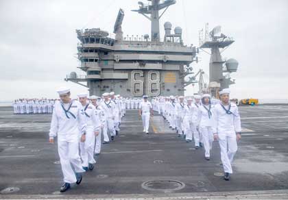 SAN DIEGO (June 28, 2023) U.S. Navy Sailors prepare to man the rails of the aircraft carrier USS Nimitz (CVN 68). Nimitz arrives in San Diego concluding a seven-month deployment to U.S. 3rd and 7th Fleet areas of operations (AO). Nimitz’s presence in U.S. 3rd and 7th Fleet AOs reinforced the United States’ commitment to fly, sail and operate wherever international law allows in support of a free and open Indo-Pacific region.(U.S. Navy photo by MC2 Samuel Osborn