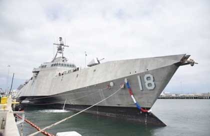 SAN DIEGO (June 14, 2023) Independence-variant littoral combat ship USS Charleston (LCS 18) moors pier side at its homeport of Naval Base San Diego, June 14. Charleston returned to Naval Base San Diego following a 26-month deployment to the U.S. 3rd and 7th Fleets in support of a free and open Indo-Pacific. U.S. Navy courtesy photo