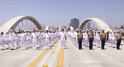 U.S. Navy Sailors and U.S. Marine Corps Marines marched onto the 6th Street Bridge during Los Angeles Fleet Week. 