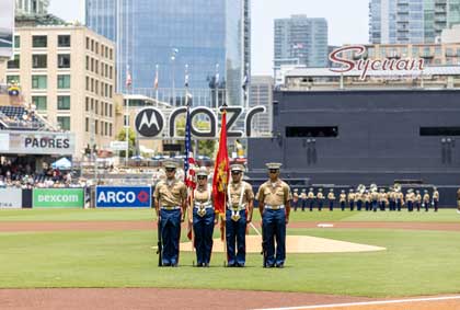 U.S. Marines with Headquarters and Support Battalion, Marine Corps Base Camp Pendleton Color Guard present the colors during the San Diego Padres’ Military Salute to the Marine Corps at Petco Park Stadium, San Diego, July 14, 2024. U.S. Marines attended the San Diego Padres’ Military Salute to the Marine Corps to honor the commitment of U.S. Marines and connect with the San Diego community. U.S. Marine Corps photo by Cpl. Mary Jenni. 