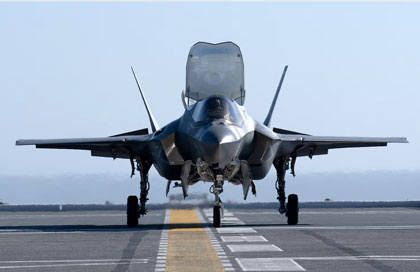 An F-35B Lightning II aircraft lands aboard the Japan Maritime Self-Defense Force Izumo-class multi-functional destroyer JS Kaga (DDH-184) off the southern coast of California to begin developmental testing. (U.S. Navy photo by Darin Russell)