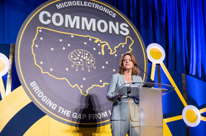 Deputy Defense Secretary Kathleen Hicks provides keynote remarks during the 2024 Microelectronics Commons Annual Meeting and National Semiconductor Technology Center Symposium in Washington, Oct. 29, 2024.