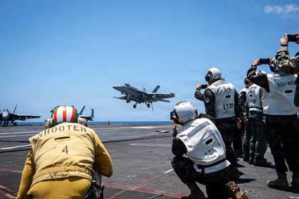 U.S. 4TH FLEET AREA OF RESPONSIBILITY (March 27, 2026)Armed Forces of El Salvador and civilian distinguished visitors observe flight operations on the flight deck of Nimitz-class carrier USS Nimitz (CVN 68) in the Pacific Ocean, March 27, 2026. Nimitz is deployed as part of Southern Seas 2026 which seeks to enhance capability, improve interoperability, and strengthen maritime partnerships with countries throughout the region through joint, multinational and interagency exchanges and cooperation. U.S. Navy Photo by MC2 Edward Jacome.